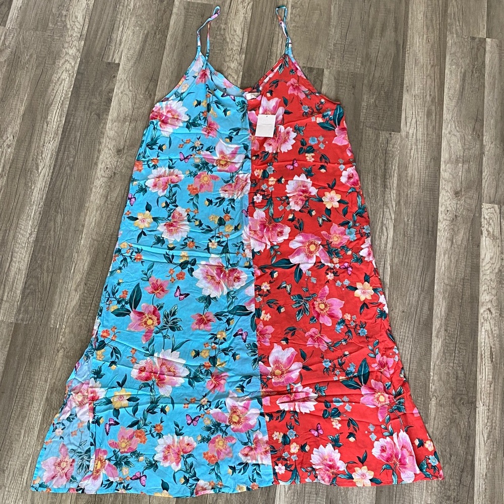 💛 Floral Midi Dress in Blue and Coral Bin J - Picture 2 of 4